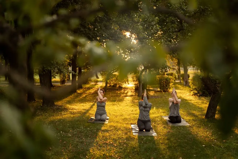 Three women practicing yoga or meditation in a park with trees