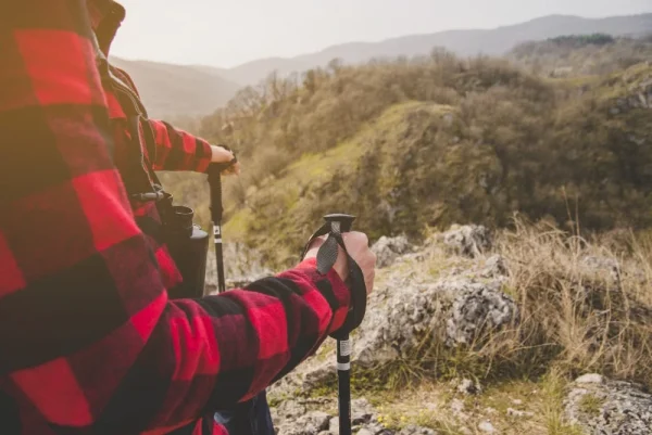 Hiker with trekking poles overlooking valley