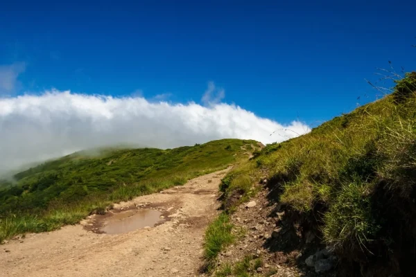 Mountain trail with a puddle and clouds