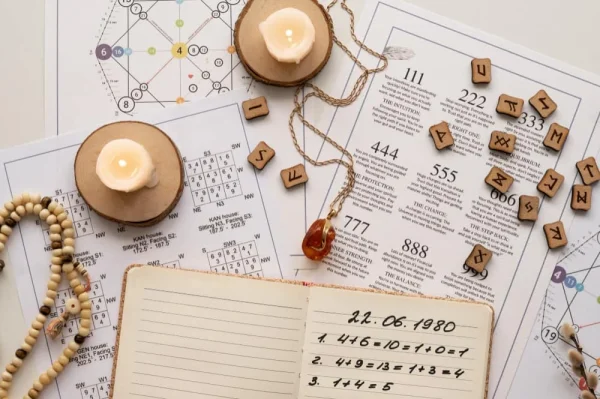 Numerology chart with candles, runes and handwritten notes