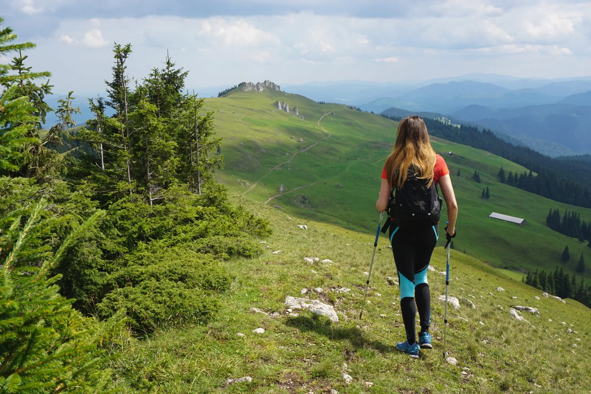 Woman hiking on a green mountain trail with poles