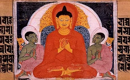 Ancient Buddhist painting of Buddha teaching monks