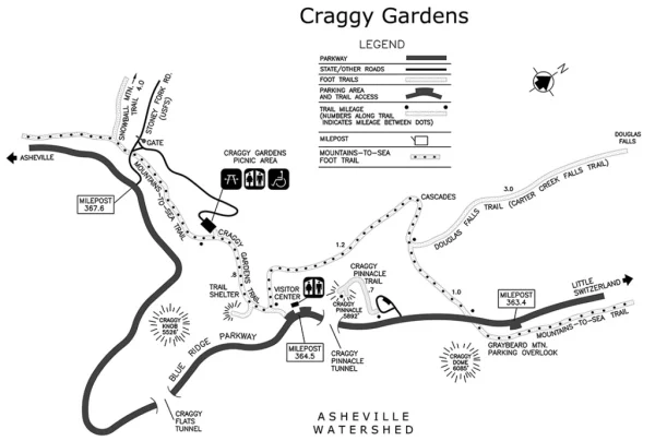 Craggy Gardens trail map and hiking routes near Asheville